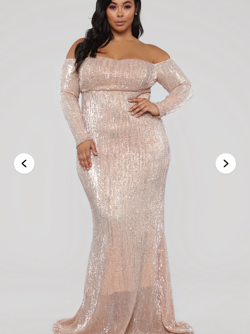 Fashion Nova Off-Shoulder Sequin Gown in Rose gold